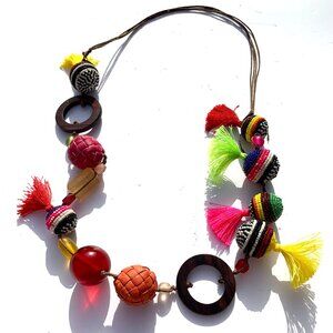 Women’s Maliparmi Multicolor Necklace, Jaiya Beads, Fringe Tassels, Wood, Italy